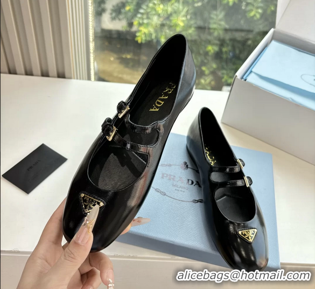 Stylish Prada Black Shiny Calfskin Leather Mary Jane Ballet Flats 6050806 Black