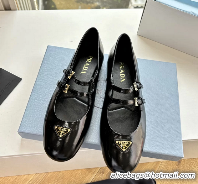 Stylish Prada Black Shiny Calfskin Leather Mary Jane Ballet Flats 6050806 Black