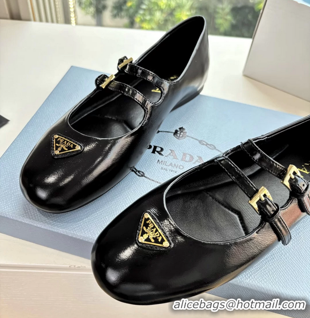 Stylish Prada Black Shiny Calfskin Leather Mary Jane Ballet Flats 6050806 Black