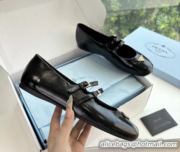 Stylish Prada Black Shiny Calfskin Leather Mary Jane Ballet Flats 6050806 Black