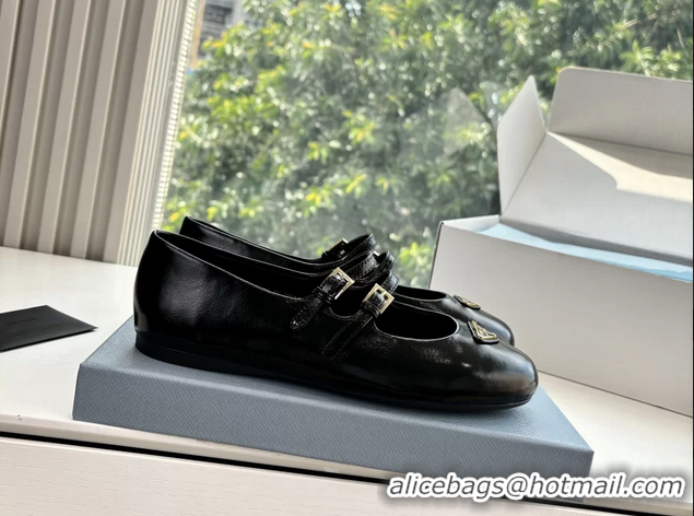 Stylish Prada Black Shiny Calfskin Leather Mary Jane Ballet Flats 6050806 Black