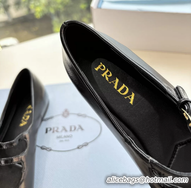Stylish Prada Black Shiny Calfskin Leather Mary Jane Ballet Flats 6050806 Black