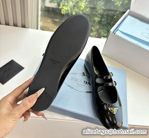 Stylish Prada Black Shiny Calfskin Leather Mary Jane Ballet Flats 6050806 Black