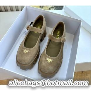 Duplicate Prada Khaki Green Suede Leather Monolith Mary Janes Platform Shoes 6050807 Green