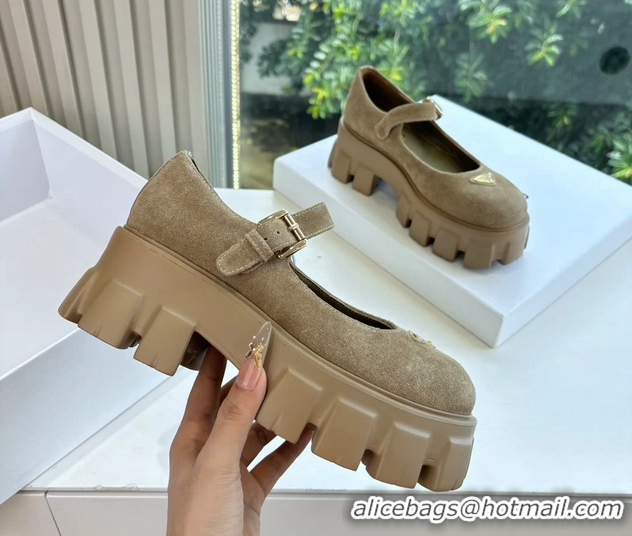 Duplicate Prada Khaki Green Suede Leather Monolith Mary Janes Platform Shoes 6050807 Green