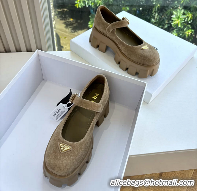 Duplicate Prada Khaki Green Suede Leather Monolith Mary Janes Platform Shoes 6050807 Green