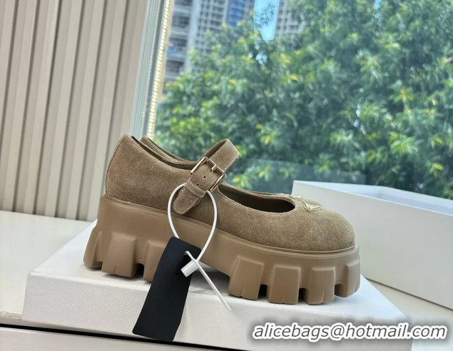 Duplicate Prada Khaki Green Suede Leather Monolith Mary Janes Platform Shoes 6050807 Green