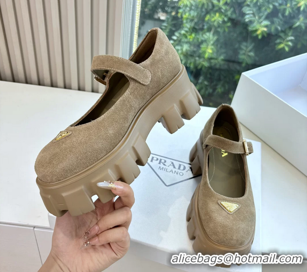 Duplicate Prada Khaki Green Suede Leather Monolith Mary Janes Platform Shoes 6050807 Green