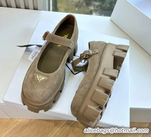 Duplicate Prada Khaki Green Suede Leather Monolith Mary Janes Platform Shoes 6050807 Green