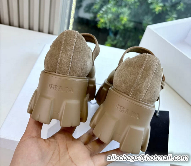 Duplicate Prada Khaki Green Suede Leather Monolith Mary Janes Platform Shoes 6050807 Green