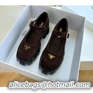 Super Quality Prada Burgundy Suede Leather Monolith Mary Janes Platform Shoes 6050807 Burgundy