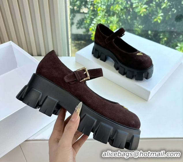 Super Quality Prada Burgundy Suede Leather Monolith Mary Janes Platform Shoes 6050807 Burgundy