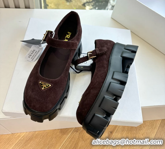 Super Quality Prada Burgundy Suede Leather Monolith Mary Janes Platform Shoes 6050807 Burgundy