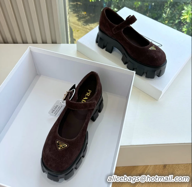 Super Quality Prada Burgundy Suede Leather Monolith Mary Janes Platform Shoes 6050807 Burgundy