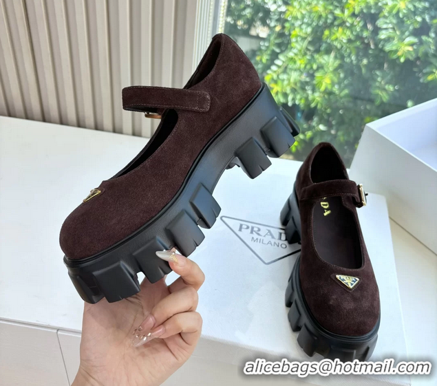 Super Quality Prada Burgundy Suede Leather Monolith Mary Janes Platform Shoes 6050807 Burgundy