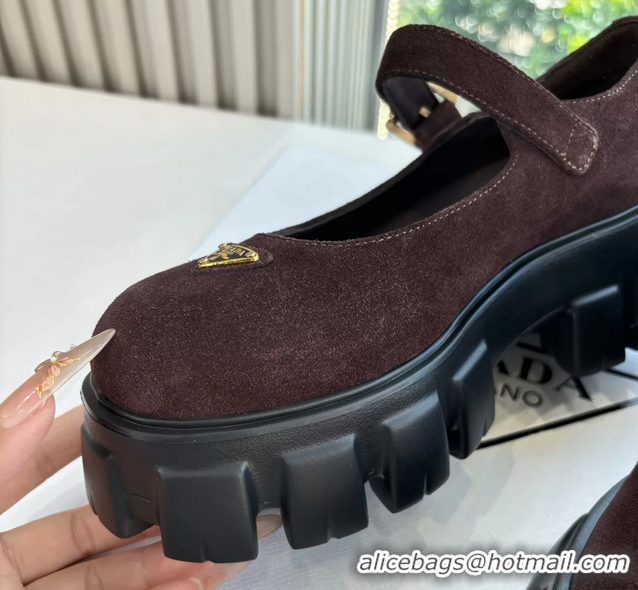 Super Quality Prada Burgundy Suede Leather Monolith Mary Janes Platform Shoes 6050807 Burgundy