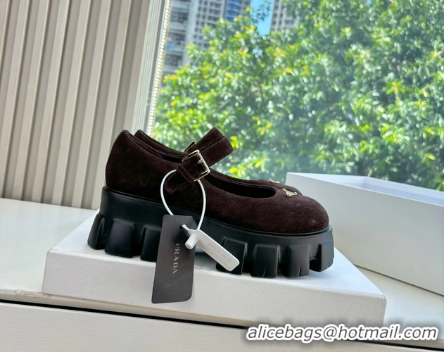 Super Quality Prada Burgundy Suede Leather Monolith Mary Janes Platform Shoes 6050807 Burgundy