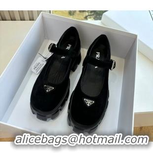 Duplicate Prada Black Suede Leather Monolith Mary Janes Platform Shoes 6050807 Black