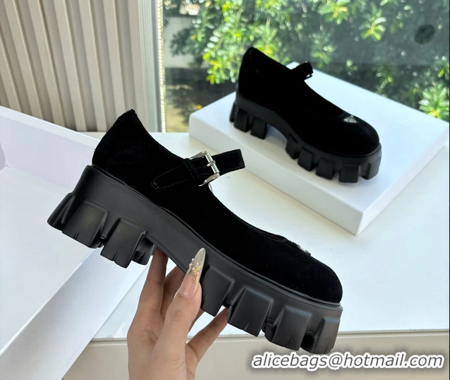 Duplicate Prada Black Suede Leather Monolith Mary Janes Platform Shoes 6050807 Black
