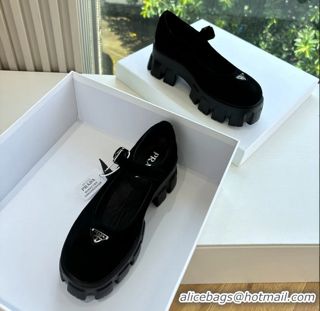 Duplicate Prada Black Suede Leather Monolith Mary Janes Platform Shoes 6050807 Black