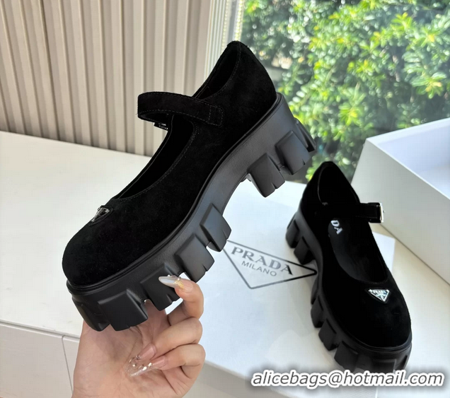 Duplicate Prada Black Suede Leather Monolith Mary Janes Platform Shoes 6050807 Black