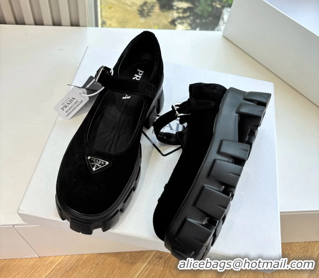 Duplicate Prada Black Suede Leather Monolith Mary Janes Platform Shoes 6050807 Black