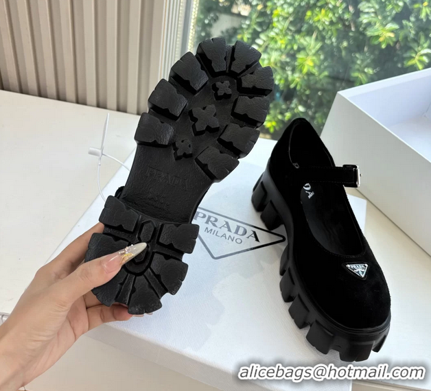 Duplicate Prada Black Suede Leather Monolith Mary Janes Platform Shoes 6050807 Black