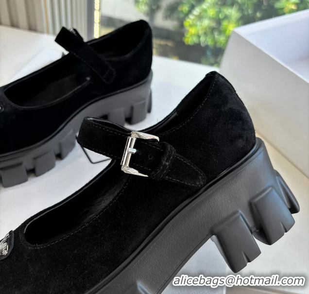Duplicate Prada Black Suede Leather Monolith Mary Janes Platform Shoes 6050807 Black
