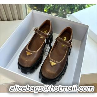 Duplicate Prada Brown Calfskin Leather Monolith Mary Janes Platform Shoes 6050808 Brown