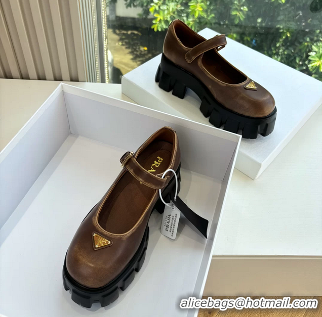 Duplicate Prada Brown Calfskin Leather Monolith Mary Janes Platform Shoes 6050808 Brown