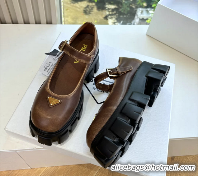 Duplicate Prada Brown Calfskin Leather Monolith Mary Janes Platform Shoes 6050808 Brown