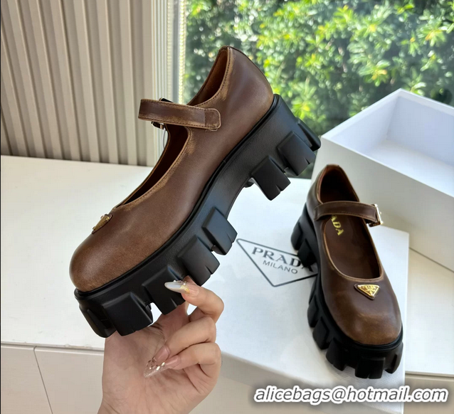 Duplicate Prada Brown Calfskin Leather Monolith Mary Janes Platform Shoes 6050808 Brown