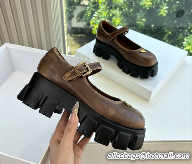 Duplicate Prada Brown Calfskin Leather Monolith Mary Janes Platform Shoes 6050808 Brown