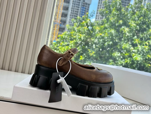 Duplicate Prada Brown Calfskin Leather Monolith Mary Janes Platform Shoes 6050808 Brown