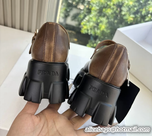 Duplicate Prada Brown Calfskin Leather Monolith Mary Janes Platform Shoes 6050808 Brown