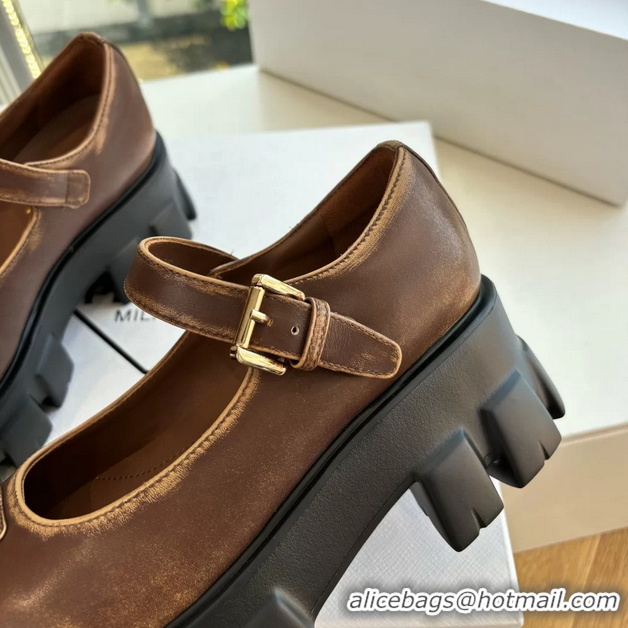 Duplicate Prada Brown Calfskin Leather Monolith Mary Janes Platform Shoes 6050808 Brown