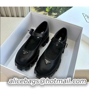 Duplicate Prada Black Calfskin Leather Monolith Mary Janes Platform Shoes 6050808 Black