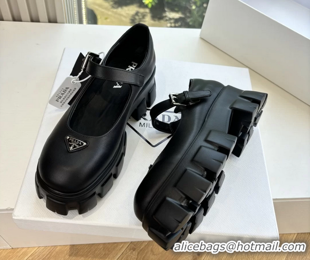 Duplicate Prada Black Calfskin Leather Monolith Mary Janes Platform Shoes 6050808 Black