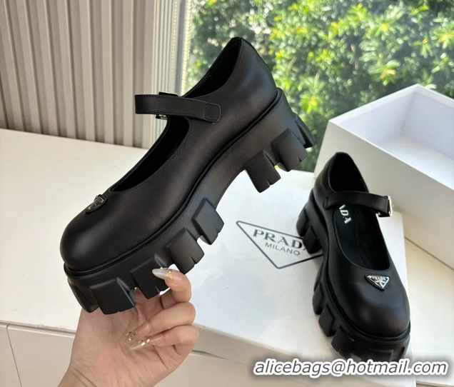 Duplicate Prada Black Calfskin Leather Monolith Mary Janes Platform Shoes 6050808 Black