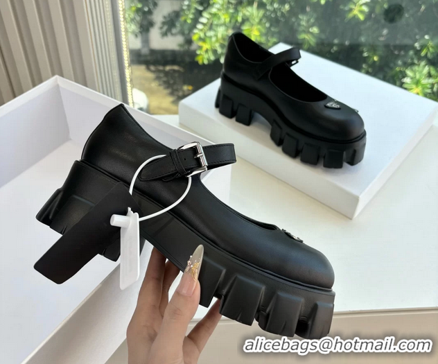 Duplicate Prada Black Calfskin Leather Monolith Mary Janes Platform Shoes 6050808 Black