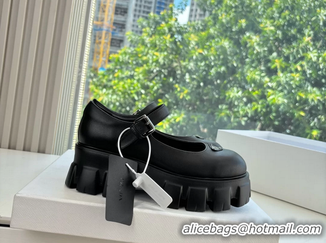 Duplicate Prada Black Calfskin Leather Monolith Mary Janes Platform Shoes 6050808 Black
