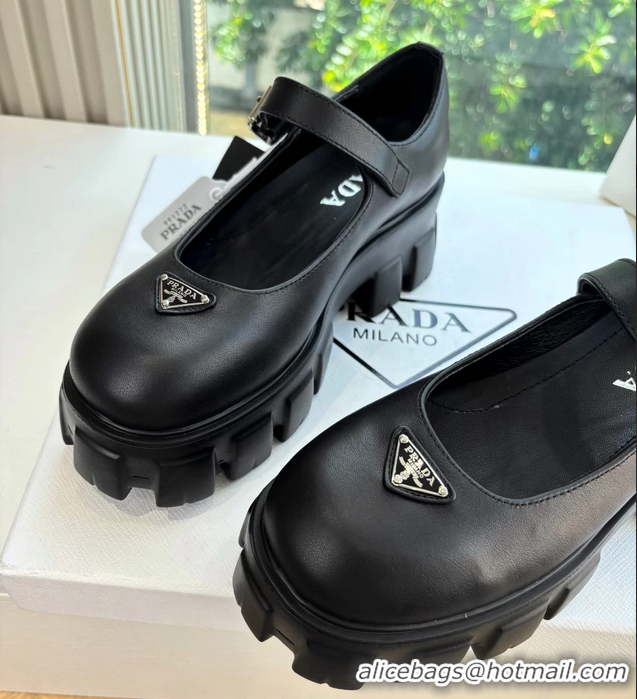 Duplicate Prada Black Calfskin Leather Monolith Mary Janes Platform Shoes 6050808 Black