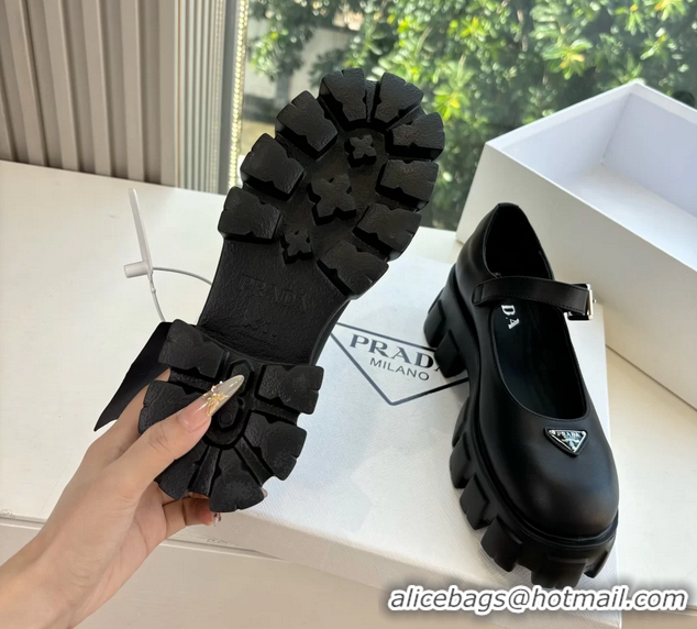 Duplicate Prada Black Calfskin Leather Monolith Mary Janes Platform Shoes 6050808 Black