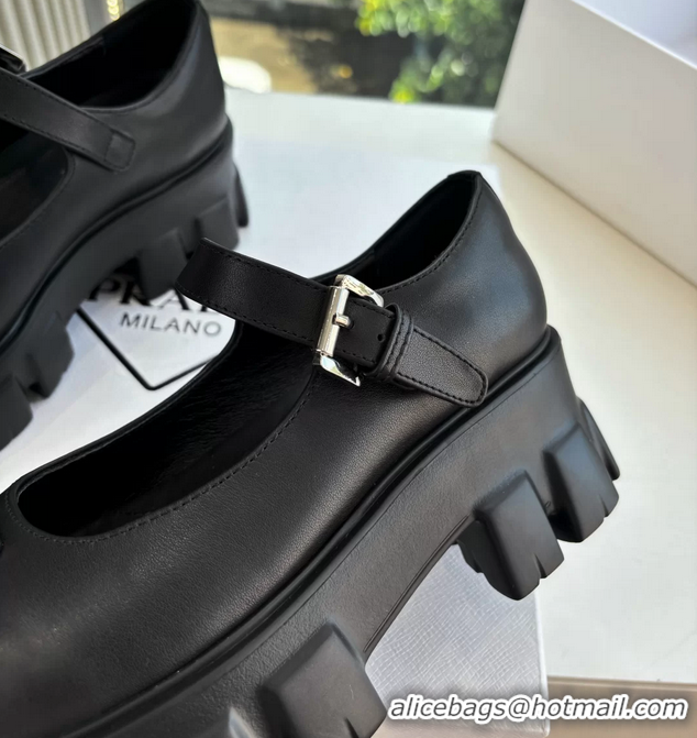 Duplicate Prada Black Calfskin Leather Monolith Mary Janes Platform Shoes 6050808 Black