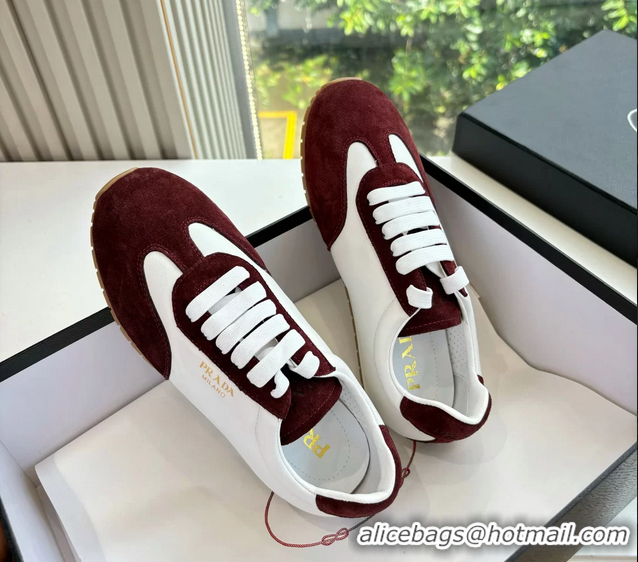 Low Cost Prada Nappa Leather and Suede Sneakers White Burgundy 6050809