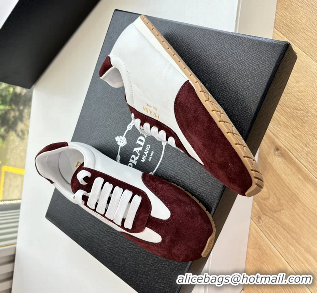 Low Cost Prada Nappa Leather and Suede Sneakers White Burgundy 6050809