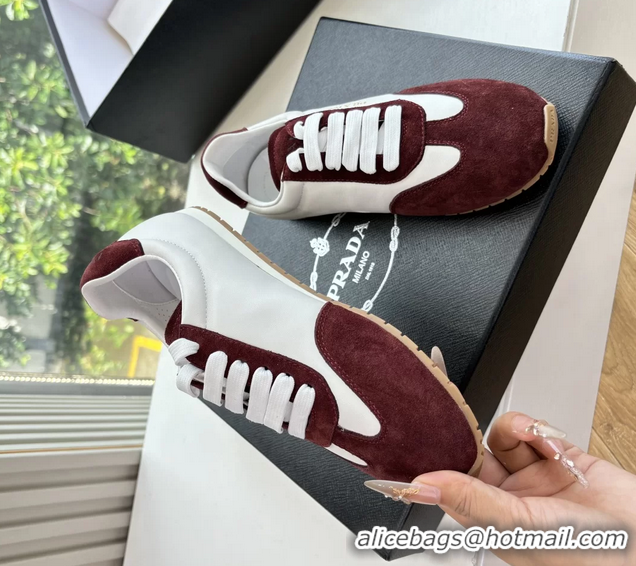 Low Cost Prada Nappa Leather and Suede Sneakers White Burgundy 6050809