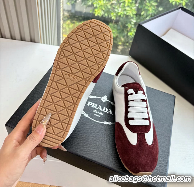 Low Cost Prada Nappa Leather and Suede Sneakers White Burgundy 6050809