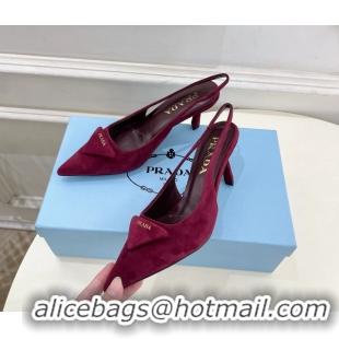 Durable Prada Triangle Logo Burgundy Suede Leather Slingback Pumps 75MM 6050802
