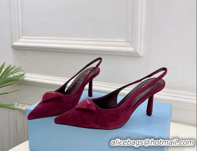 Durable Prada Triangle Logo Burgundy Suede Leather Slingback Pumps 75MM 6050802